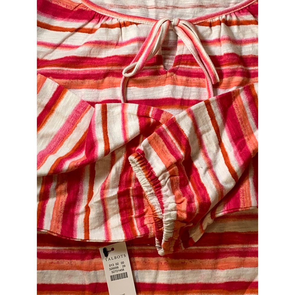 Talbots Striped‎ Tie Neck 3/4 length Sleeve Top Blouse Pink Orange White XS - Picture 6 of 8